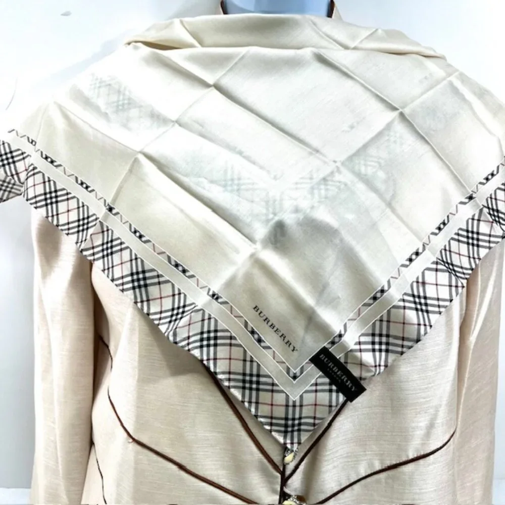 New Tag Men/Women Burberrys  Miniscarf/handker 23"Cotton/Silk Beige Gray Nova(10 - Picture 8 of 9